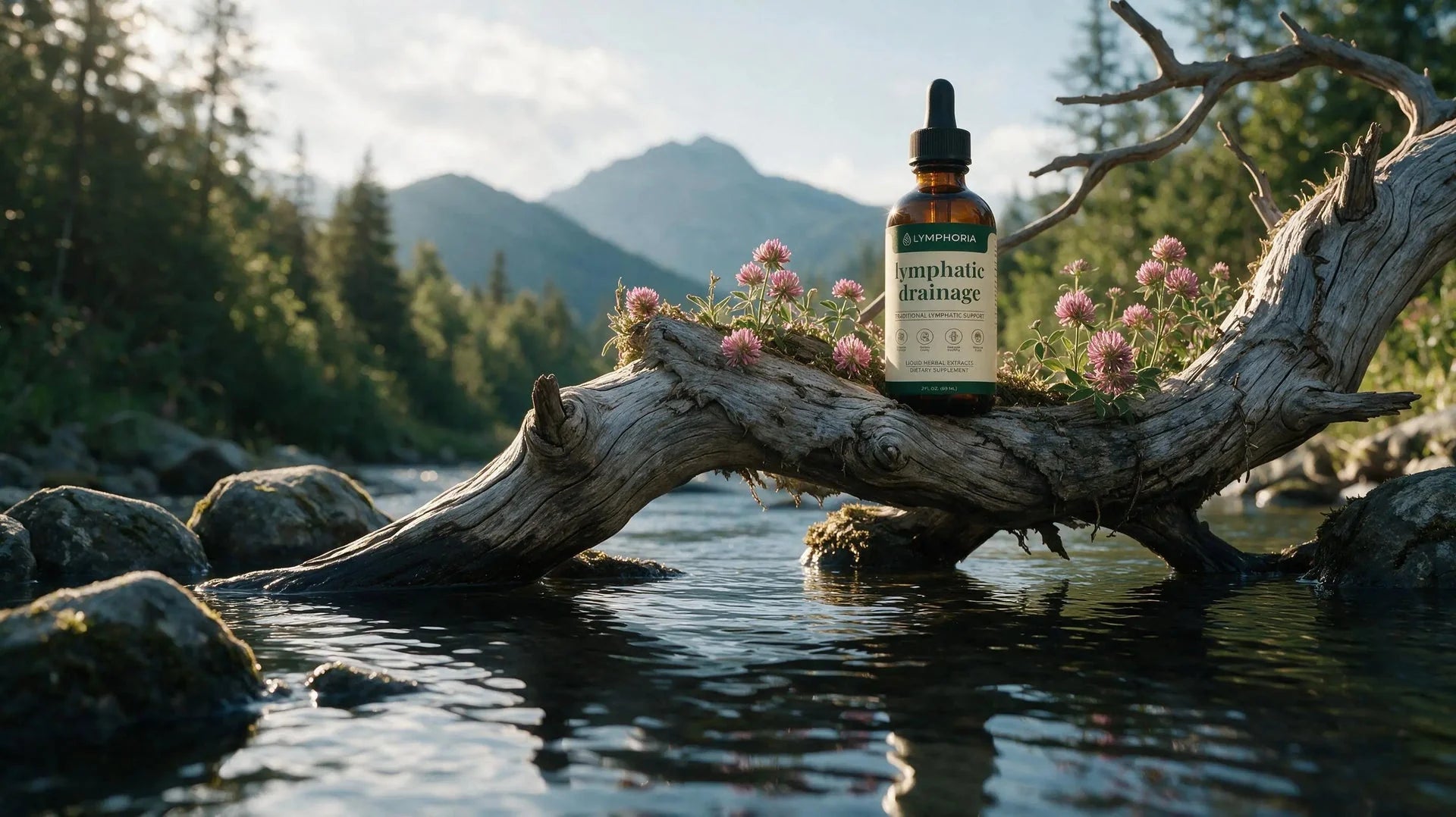Lymphoria lymphatic drainage drops on driftwood beside a mountain river